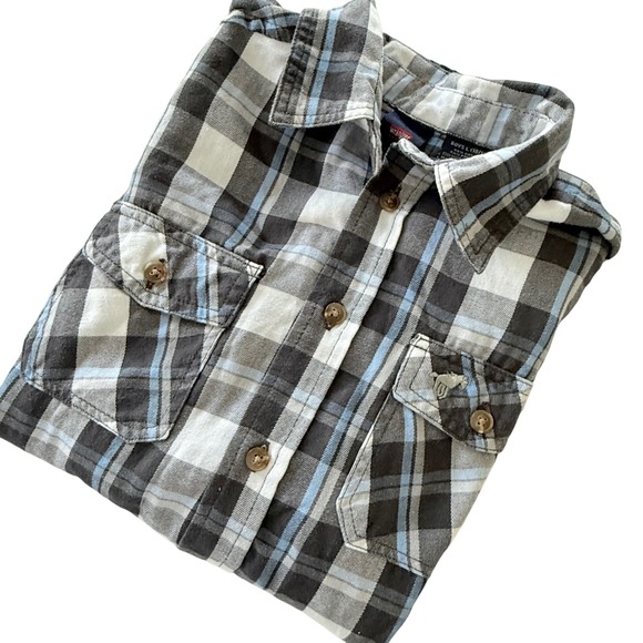 Wrangler Jeans Co Plaid Button Shirt Boys L 10/12 Western Gray Blue - Picture 8 of 8